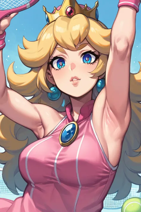 score_9_up, score_8_up, score_7_up, source_anime, (masterpiece, perfectly detailed, detailed face, detailed eyes, beautiful eyes), CuteMaster_PS, 1girl, princess peach, blonde hair, crown, blue eyes, long hair, jewelry, tennis racket, sleeveless, earrings,...