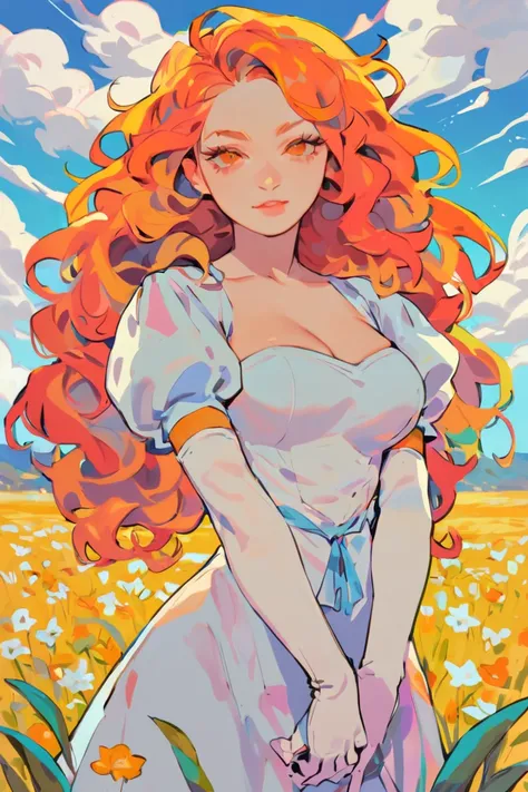 masterpiece, best quality, hi res, newest, rainbowstyle, flat color, vibrant colors, vivid colors, 1girl, solo, long hair, curly hair, wavy hair, orange hair, orange eyes, looking at viewer, breasts, dress, white dress, puffy sleeves, puffy short sleeves, ...