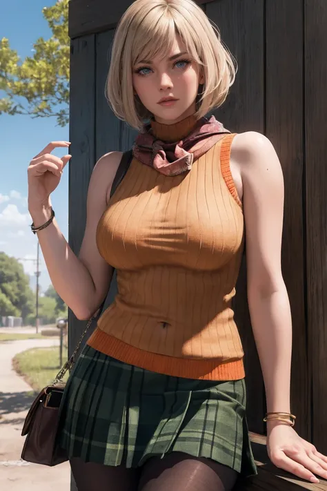 Ashley_BareShoulders_ownwaifu,
1girl, short hair, blonde hair, lips, bob cut, large breasts, blue eyes, freckles, bangs, nose,
sleeveless, sleeveless turtleneck, skirt, jewelry, plaid skirt, bare shoulders, necklace, orange sweater, miniskirt, ribbed sweat...