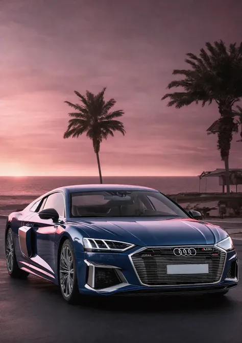 Audi a8,audir84ssports car,vehicle focus,professional photo,seaside,sun,pink sky,aesthetic,science fiction,sci-fi scenario,natural light,highly detailed,(highly detailed background),detailed textures,wide angle,8k,HDR,professional photoshoot,high quality p...