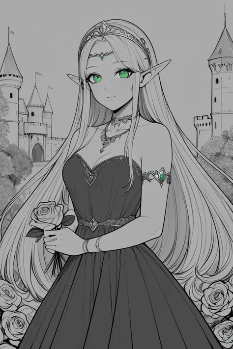 masterpiece, best quality, hi res, newest, lineart, flat color, monochrome, greyscale, 1girl, solo, elf, pointy ears, breasts, long hair, very long hair, white hair, green eyes, portrait, looking at viewer, black dress, tiara, silver tiara, holding, holdin...