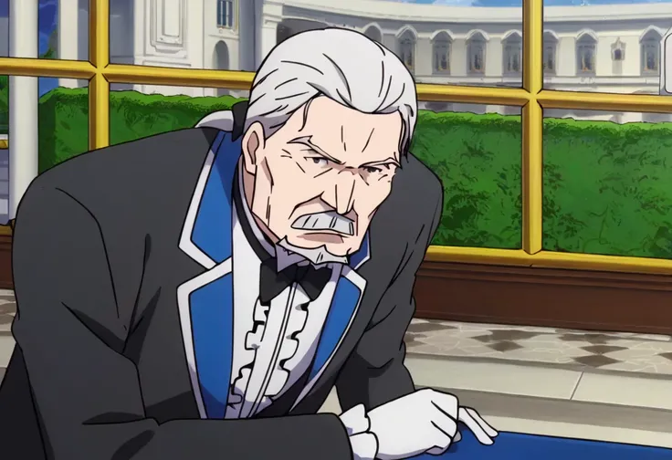 <lora:wilhelm:1> wilhelm, 1boy, male focus, mustache, solo, old man, facial hair, old, formal, gloves, bowtie, white gloves, grey hair, butler, bow, suit, parody, white hair