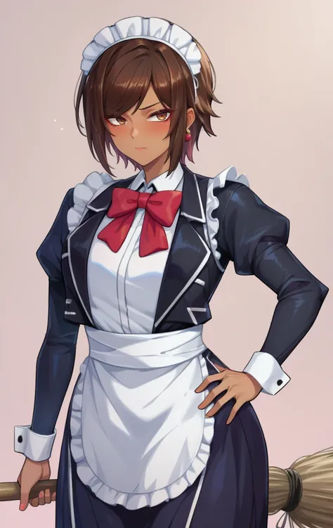 score_9, score_8_up, score_7_up, BREAK   <lora:outis:1> outisSDXL, 1girl, solo, looking at viewer, blush, short hair,  brown hair, long sleeves, dress, bow, holding, brown eyes, jacket, cowboy shot, earrings, puffy sleeves, belt, dark skin, bowtie, apron, ...