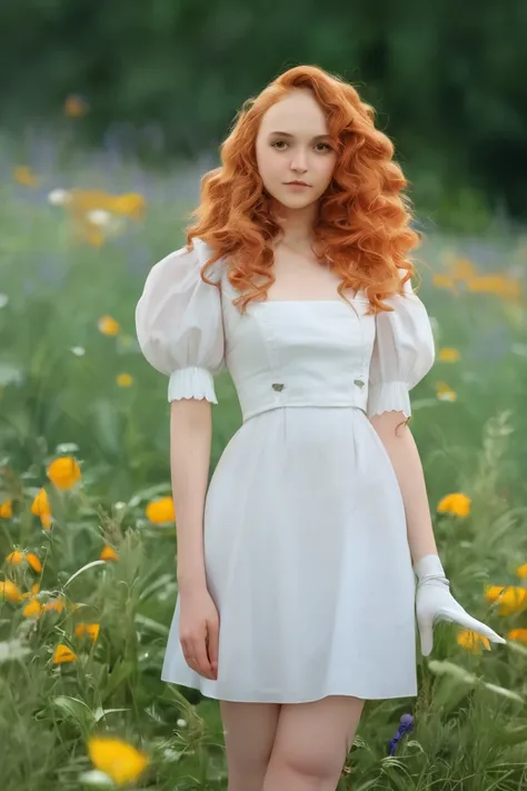 masterpiece, best quality, hi res, newest, raw, photo, realistic, 1girl, solo, long hair, curly hair, wavy hair, orange hair, orange eyes, looking at viewer, breasts, dress, white dress, puffy sleeves, puffy short sleeves, short sleeves, gloves, elbow glov...