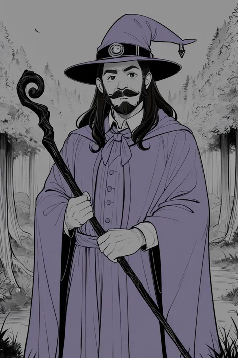 masterpiece, best quality, hi res, newest, lineart, flat color, monochrome, greyscale, 1boy, solo, male focus, mature male, wizard, long hair, brown hair, black eyes, looking at viewer, hat, facial hair, beard, mustache, staff, wizard hat, purple hat, shir...