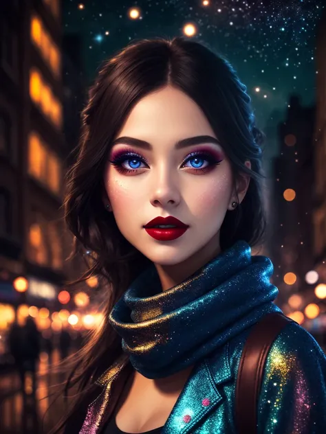 1girl, lipstick, eyeshadow, makeup, eyelashes, street, shimmering effect, particles, outdoors, city, stars night, vibrant color, masterpiece, high quality, extremely detailed, 8k wallpapper, (UHD), beautifully shot, highly detailed, beautiful and fine art,...