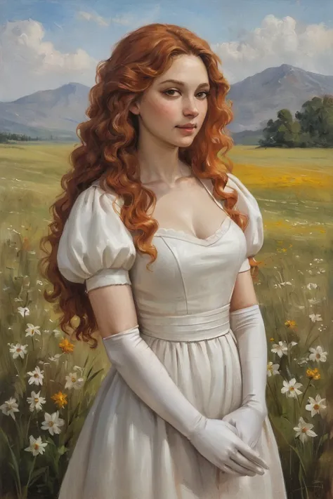 masterpiece, best quality, hi res, newest, oil painting, traditional media, realistic, 1girl, solo, long hair, curly hair, wavy hair, orange hair, orange eyes, looking at viewer, breasts, dress, white dress, puffy sleeves, puffy short sleeves, short sleeve...