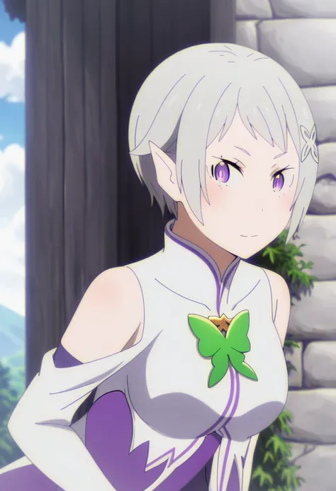 <lora:emilias_mom:1> emilias mom, 1girl, solo, purple eyes, short hair, hair ornament, pointy ears, emilia (re:zero), looking at viewer, elf, grey hair, butterfly hair ornament, outdoors, bangs