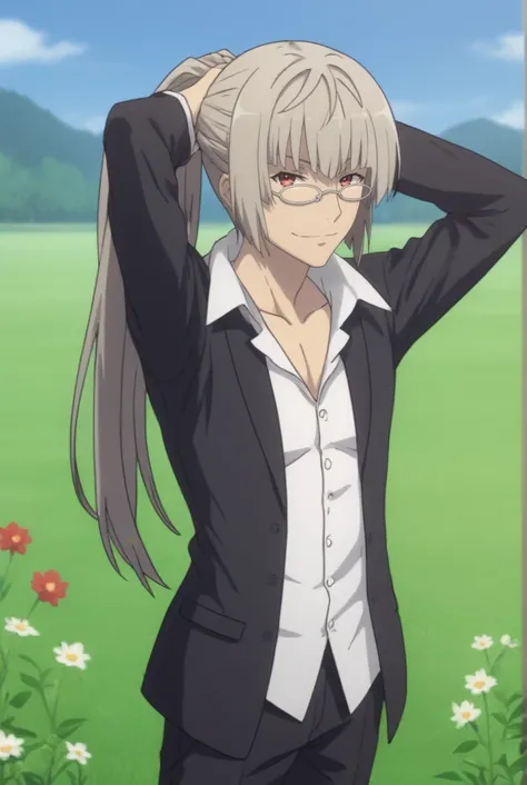 score_9, score_8_up, source_anime  BREAK solo, cowboy shot, looking at viewer,
<lora:BibliaPdxlDwnsty:1>, master biblia, red eyes, grey hair, long hair, glasses, ponytail, white shirt, suit, formal, adjusting hair, arms behind head, 
outdoors, grass, flowe...