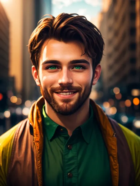 1man, male, portrait, beard, brown hair, green eyes, smile, outdoors, sunrays, city, outdoors, vibrant color, shimmering effect, masterpiece 8k wallpaper, art photography, UHD, DSLR, HDR