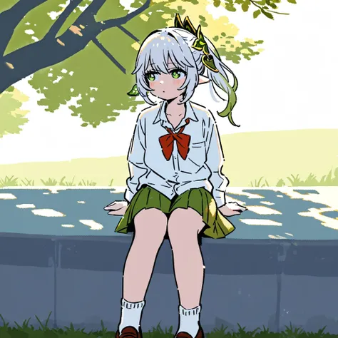 masterpiece, best quality, <lora:style41-xl-a3.1:1>1girl, outdoors,sitting, nahida, school uniform, white shirt,green skirt,looking to the side,