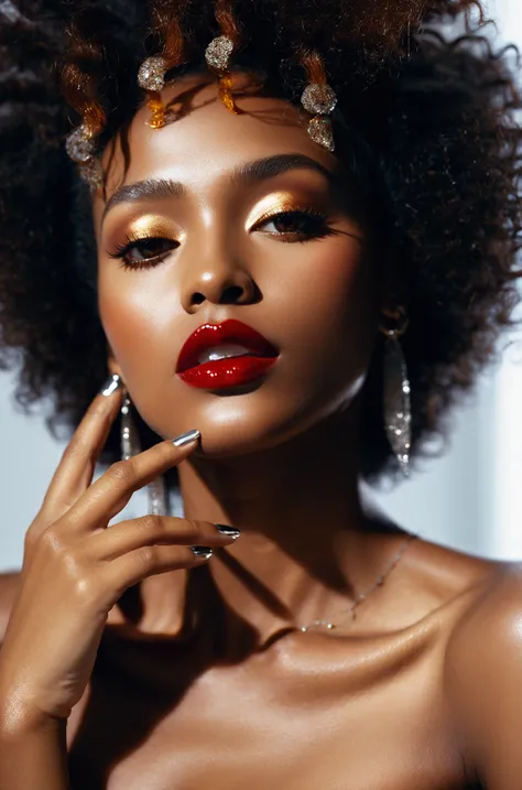 film aesthetic,Striking portrait, high-key lighting, close-up of a young woman of African descent, vibrant makeup emphasizing deep red lips, glossy finish, caramel skin tone, dramatic contrast, frothy voluminous natural hair, dark background enhancing subj...