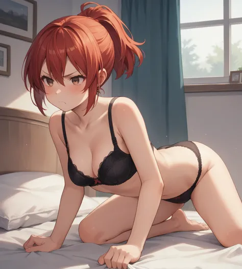 score_9,score_8_up,score_7_up,score_6_up,source anime BREAK,
1girl, solo,
 mitsuki, red hair, ponytail, brown eyes, short hair, medium breasts
underwear, panties, pout, bra, bedroom,
<lora:mitsuki-000010:0.7>