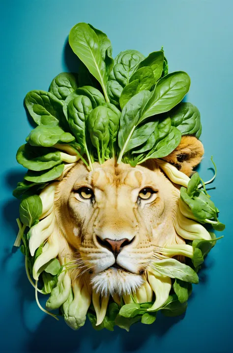 film grain texture,analog photography aesthetic,Surreal composite art, blend of vegetable and feline elements, lions face seamlessly integrated with a bunch of leafy greens, spinach or a similar leafy vegetable forming a mane-like structure, lions intense ...