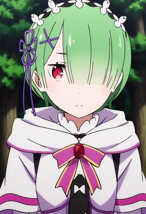 <lora:ram_(rezero):1> ram, hood, ram (re:zero), 1girl, green hair, solo, short hair, hair ornament, hair over one eye, x hair ornament, ribbon, purple ribbon, hair ribbon, tree, looking at viewer, red eyes, parody, upper body, pink eyes, maid headdress