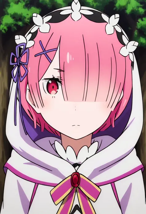 <lora:ram_(rezero):1> ram, hood, ram (re:zero), 1girl, pink hair, solo, short hair, hair ornament, hair over one eye, x hair ornament, ribbon, purple ribbon, hair ribbon, tree, looking at viewer, red eyes, parody, upper body, pink eyes, maid headdress