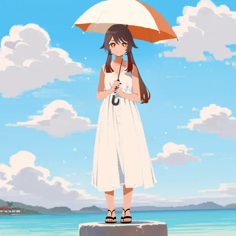 masterpiece, best quality,  <lora:style41-xl-a3.1:1>,1girl,hu tao (genshin impact),  umbrella, solo, dress, white dress, long hair, sandals,  holding, cloud, outdoors, sleeveless dress, sky, holding umbrella, sleeveless, standing, looking at viewer, blue s...