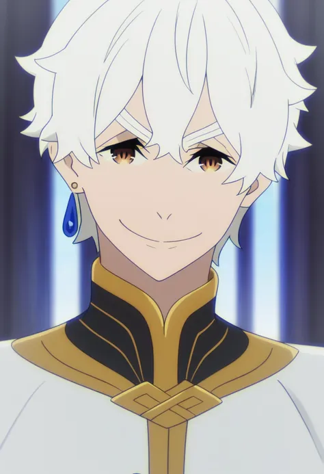 <lora:Regulus_Corneas:1> Regulus Corneas, 1boy, male focus, earrings, solo, jewelry, smile, white hair, looking at viewer, portrait, brown eyes