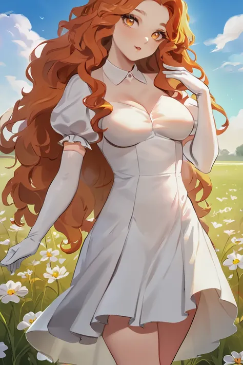 masterpiece, best quality, hi res, newest, 1girl, solo, long hair, curly hair, wavy hair, orange hair, orange eyes, looking at viewer, breasts, dress, white dress, puffy sleeves, puffy short sleeves, short sleeves, gloves, elbow gloves, white gloves, three...