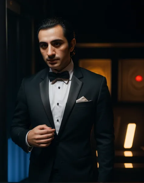 (Armenian:1.3) (photorealistic:1.4) (close up) photo in a popular club, (man) with dark hair, wearing a tuxedo, walking in front of walls of telephones, dark room, (detailed hands), (subsurface scattering:0.7), from above