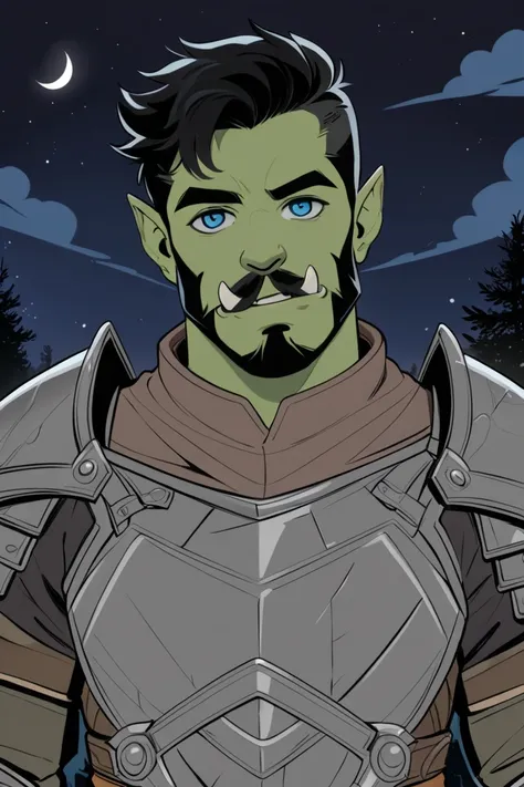 masterpiece, best quality, hi res, newest, flat color, 1boy, solo, male focus, orc, green skin, tusks, blue eyes, short hair, black hair, facial hair, beard, mustache, looking at viewer, armor, shoulder armor, breastplate, pauldrons, portrait, upper body, ...