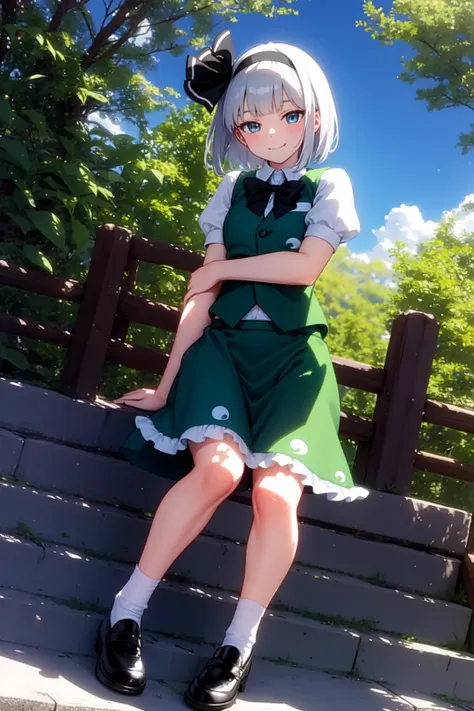 solo, masterpiece, best quality, outdoors, cowboy shot, looking at viewer, closed mouth, smile, standing, youmu, blue eyes, short hair, grey hair, bangs, black hairband, hair ribbon, white shirt, collared shirt, puffy short sleeves, green vest, black bow, ...