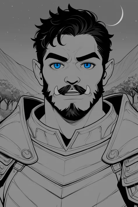 masterpiece, best quality, hi res, newest, lineart, flat color, monochrome, greyscale, 1boy, solo, male focus, orc, green skin, tusks, blue eyes, short hair, black hair, facial hair, beard, mustache, looking at viewer, armor, shoulder armor, breastplate, p...