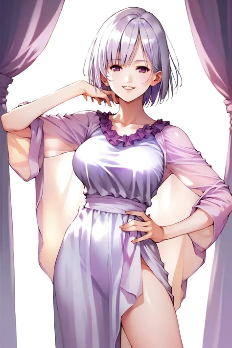 score_9, score_8_up, score_7_up, 1girl, happy, looking at viewer, silver hair, curtain_bangs, purple eyes, large breasts, hand_on_hip, pink_background, <lora:Mikimoto_Haruhiko_PonyXL_style_v01:1>