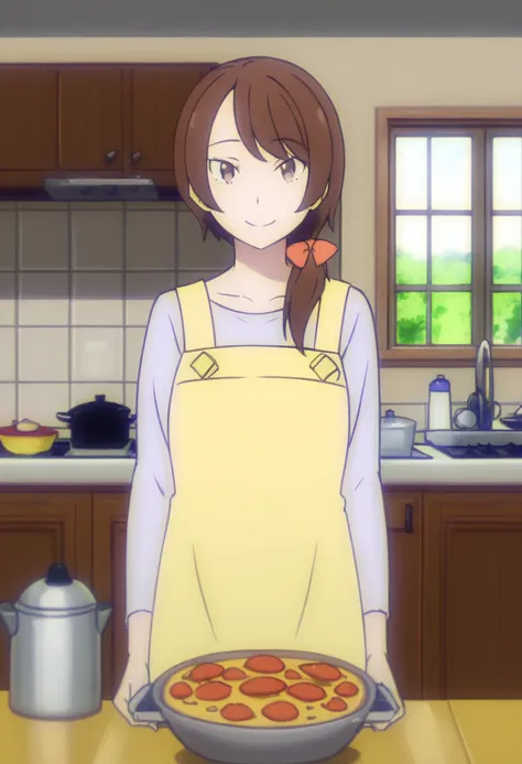 <lora:Natsuki_Naoko:1> Natsuki Naoko, 1girl, apron, solo, brown hair, smile, usami renko, kitchen, brown eyes, bow, cooking, hair bow, looking at viewer, window, indoors, long hair