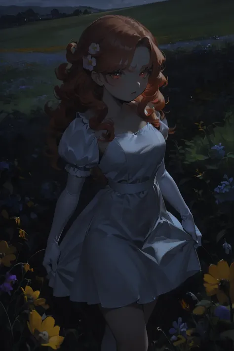 masterpiece, best quality, hi res, newest, dark theme, low light, 1girl, solo, long hair, curly hair, wavy hair, orange hair, orange eyes, looking at viewer, breasts, dress, white dress, puffy sleeves, puffy short sleeves, short sleeves, gloves, elbow glov...