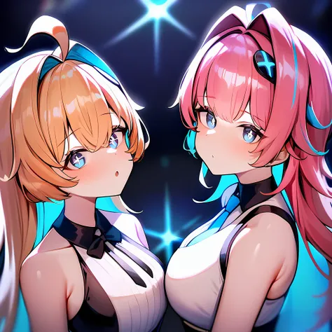 asymmetrical_docking,2girls,
<lora:llmy>,1girl,blonde hair,streaked hair,blue hair,blue eyes,ahoge,long hair,(+ +:1.2),
<lora:lishenna:0.8>,1girl,pink hair,blue eyes,dress,hair ribbon,, masterpiece, best quality, very aesthetic, absurdres