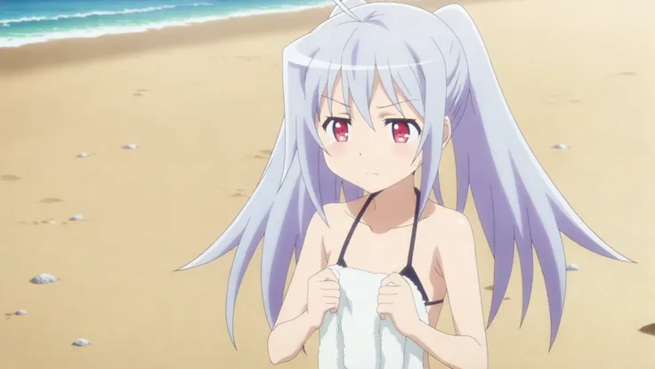 rating_safe, sharp, score_10, clear lines, anime screencap, isla, twintails, micro-bikini, towel, beach, volley, ocean, sun