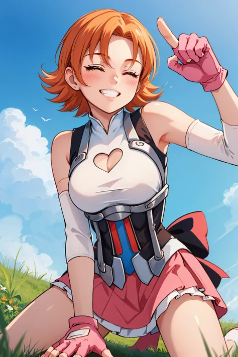 masterpiece, best quality, 1girl, <lora:noravalkyrie-nvwls-v1-000009:0.9> nora, white shirt, sleeveless, cleavage cutout, corset, pink skirt, arm warmers, pink gloves, fingerless gloves, large breasts, looking at viewer, grin, closed eyes, all fours, from ...