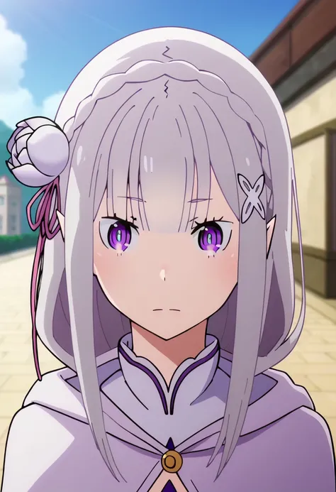 <lora:emilia:1> emilia, hoodie, 1girl, emilia (re:zero), purple eyes, solo, bangs, hood, looking at viewer, long hair, grey hair, hood up, upper body, outdoors, cloak, parody, hair ornament, hooded cloak, pointy ears, breasts, closed mouth