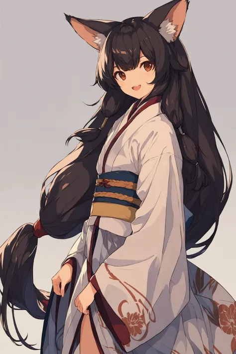 1girl,long hair,solo,tail,animal ears,low-tied long hair,black hair,ainu clothes,smile,open mouth,very long hair,brown eyes,score_8_up,<lora:ç¦è¶_XL_PONY:0.8>,