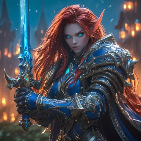 a cinematic shot of a female world of warcraft Night Elf knight, red beautiful hair, wearing red armor, holding a blue magical sword, hkelf, fantasy city in background, hkstyle, HD, masterpiece, best quality, hyper detailed, ultra detailed