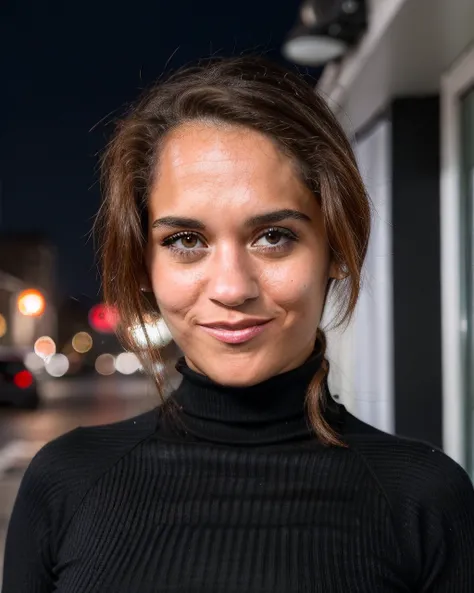 ziggys, (Close-up), smile, turtleneck, ((dark brown eyes)),, urban setting, (4k), (ultra hd), (confident pose), (high resolution), (detailed), (moody lighting), (professional camera), (street style), mysterious, (city background), (modern), (trendy look), ...