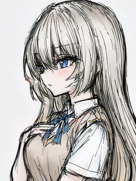 <lora:XL_æ··ä¹±çº¿æ¡(a3):1.2>,hunluanxiantiao style,1girl,solo,long hair,blue eyes,white background,shirt,simple background,sweater vest,short sleeves,upper body,white shirt,blush,from side,hair between eyes,profile,hand on own chest,eyebrows visible thro...