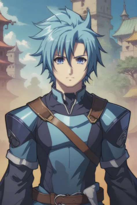 anime style digital painting, (full body:1.2), 1boy, man, handsome, solo, [:fantastical costume design,:0.2] paladin, caucasian, blue hair, (solid:1.1) build<lora:EnvyStarlightHyakkaRyoranStyle02:1>