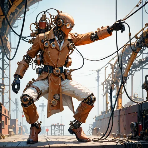 score_9,score_8_up,  <lora:Reelmech_pony_ed_v1_3:0.6>  a male monk in fighting pose,  steampunk,mechanical parts, reelmech, (full-body view ),  realistic, cable, wires, joints