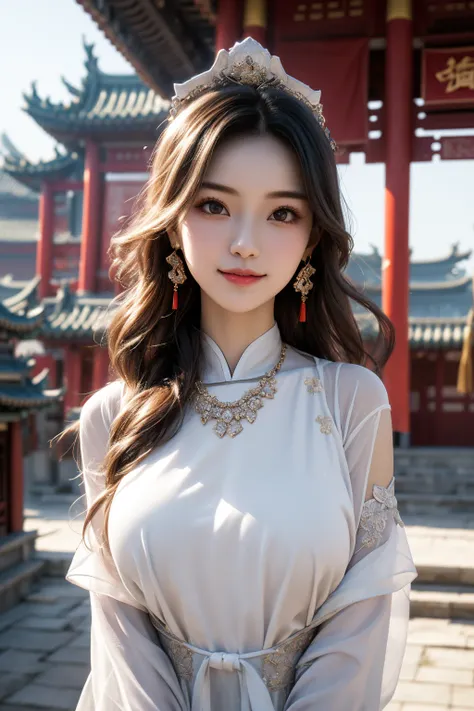 best quality, masterpiece, highres, 1girl,china dress,Beautiful face, hair ornament, solo,looking at viewer,smile,closed mouth,lips, dress,hair ornament, necklace, jewelry, long hair, earrings, chinese clothes, architecture,east asian architecture ,front v...