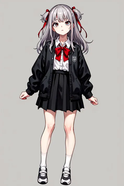 (masterpiece, best quality:1.2),
1girl, teenage, solo, facing viewer, petite
((white hair)), (grey hair), two side up, red hair ribbon,
collared shirt, long sleeves, black skirt,
white sneakers, grey socks, (white socks), bare legs,
facing viewer, (full bo...