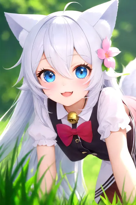 <lora:noelaV2_SD:0.75> noela, 1girl, fisheye, from below, close-up, 1girl, solo, long hair, bangs, blue eyes, bow, animal ears, hair between eyes, white hair, tail, flower, animal ear fluff, bell, wolf ears, grass, all fours, happy, wolf tail, neck bell, w...