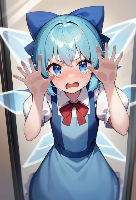 masterpiece,best quality,very aesthetic,absurdres,<lora:against_fourth_wall_xl:1>,against_fourth_wall,1girl,cirno,solo,angry,blush,blue_hair,shirt,highres,against_glass,blue_bow,blue_dress,blue_eyes,commentary,crying_with_eyes_open,hair_bow,ice_wings,looki...