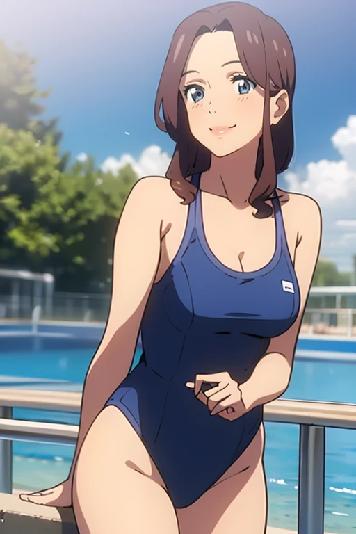 4k,best quality,(masterpiece:1.1),1girl,solo,<lora:sl-Okudera Miki V1:0.7>,Okudera Miki,smile,swimsuit,outdoors,waterpark,standing,holding,