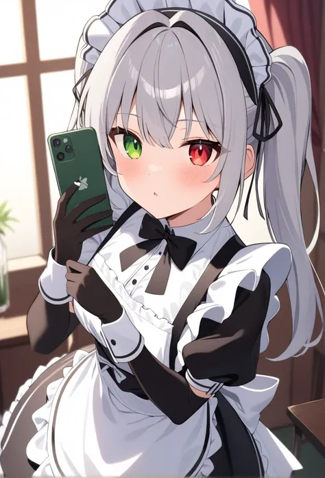 slf, 1girl, solo, maid headdress, green eyes, maid, heterochromia, clothes lift, gloves, grey hair, red eyes, twintails, looking at viewer, apron, dress, ribbon, black gloves, maid apron,
highly detailed, best quality, absurdres,
<lora:slf:1>