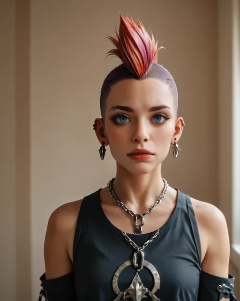 punk outfit, colored Mohawk hair, chain necklace, atmospheric, cinematic, high detail, masterpiece, score_9, score_8_up, score_7_up, score_6_up, score_5_up, score_4_up, source_anime, ultrarealistic <lora:Zoe_Pony_1:0.75> z03c