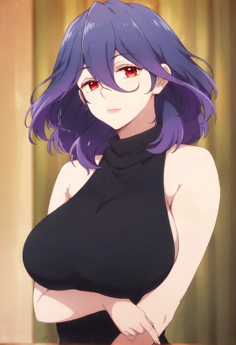 <lora:FF12CF1658:1>, score_9, score_8_up, score_7_up, score_6_up, vermeil, purple hair, red eyes, looking at viewer, large breasts, black sweater, sleeveless, source_anime, upper body