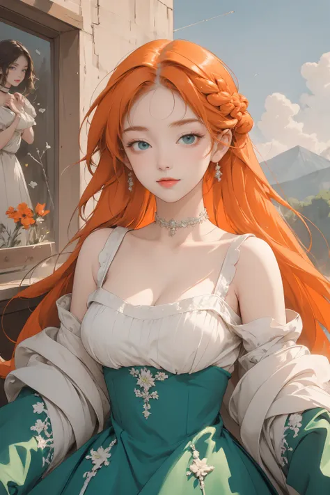 masterpiece, best quality, 1girl, solo, light smile, orange hair, french braid, choker, very long hair, upper body, looking at viewer, ([ballgown|drindl]::0.5) ballgown, a woman in traditional bavarian dress, green dress, intricate embroidery, wearing a dr...