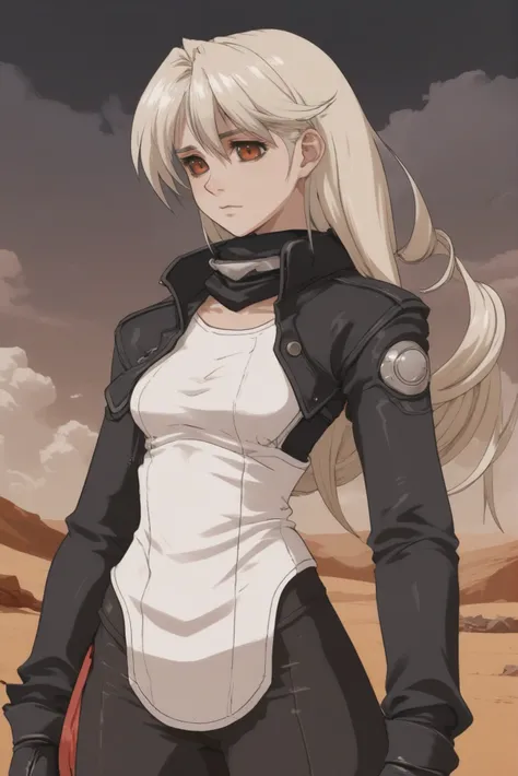 anime style digital painting, xenogears official art, 1girl, woman, gunslinger, platinum hair, Emo Cut, (full body:0), [:outlandish costume design:0.2], bombshell hair, platinum hair, Senegalese Twists, toned hourglass figure, albino, cheerful fantasy haml...